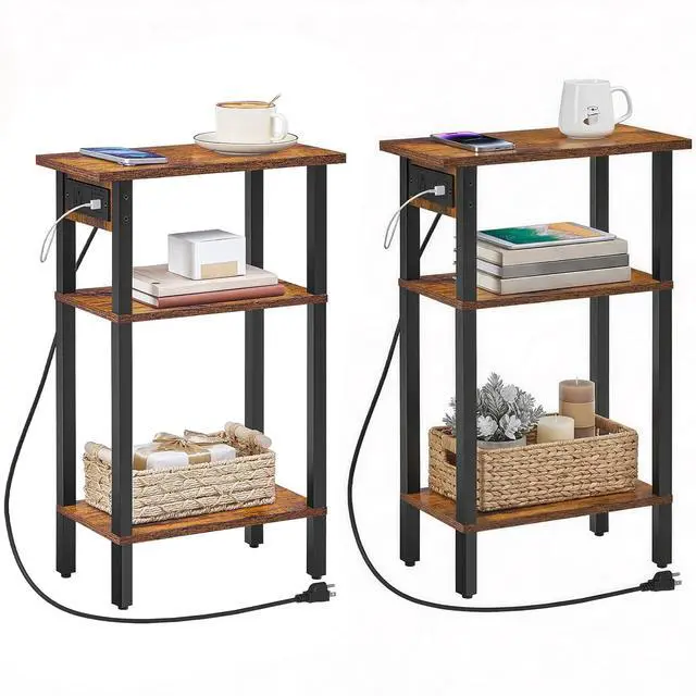 Alt view image 4 of 7 - Narrow Side Table, Set of 2, 3-Tier Slim End Table with Charging Station, Skinny Nightstand with Open Storage, for Small Spaces, Living Room, Bedroom, Study, Rustic Brown and Black BF340UBZP201