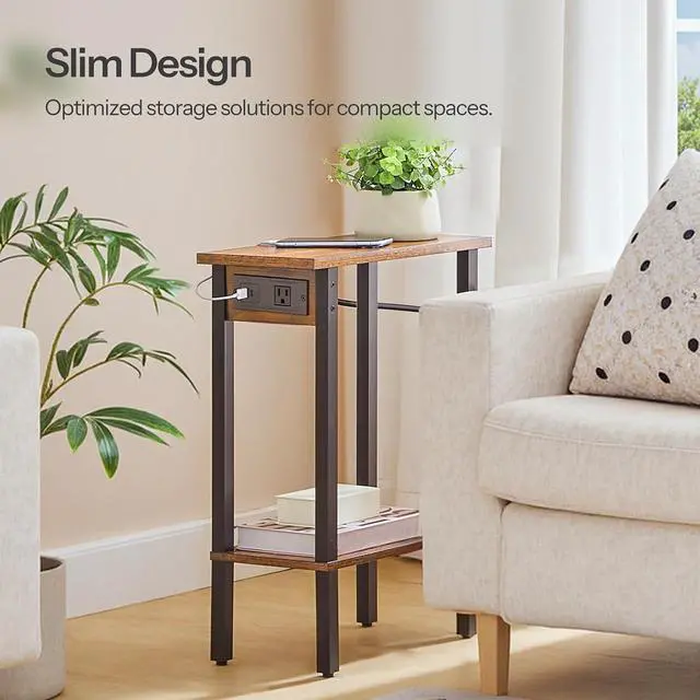 Alt view image 4 of 7 - Narrow Side Tables, Set of 2, 2-Tier Slim End Tables with Charging Station, Skinny Nightstands with Open Storage, for Small Spaces, Living Room, Bedroom, Rustic Brown and Black BF240UBZP201