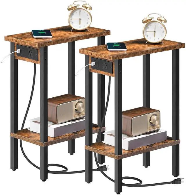 Main image of Narrow Side Tables, Set of 2, 2-Tier Slim End Tables with Charging Station, Skinny Nightstands with Open Storage, for Small Spaces, Living Room, Bedroom, Rustic Brown and Black BF240UBZP201