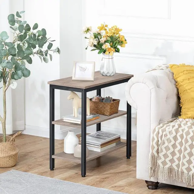 Alt view image 2 of 7 - End Table, Simple Rustic Side Table with 3-Tier Storage Shelf, Narrow Nightstand for Small Spaces, Easy Assembly, for Living Room, Bedroom, Metal, Industrial Design, Greige and Black BG14BZ01