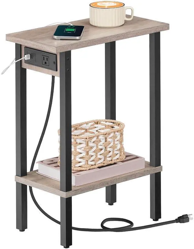 Main image of Narrow Side Table, 2-Tier Slim End Table with Charging Station, Skinny Nightstand with Open Storage, for Small Spaces, Living Room, Bedroom, Study, Greige and Black BG240UBZ01
