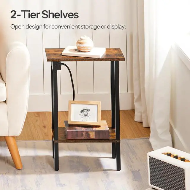 Alt view image 7 of 7 - Narrow Side Tables, Set of 2, 2-Tier Slim End Tables with Charging Station, Skinny Nightstands with Open Storage, for Small Spaces, Living Room, Bedroom, Rustic Brown and Black BF240UBZP201