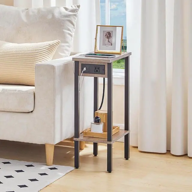 Alt view image 2 of 7 - Narrow Side Table, 2-Tier Slim End Table with Charging Station, Skinny Nightstand with Open Storage, for Small Spaces, Living Room, Bedroom, Study, Greige and Black BG240UBZ01