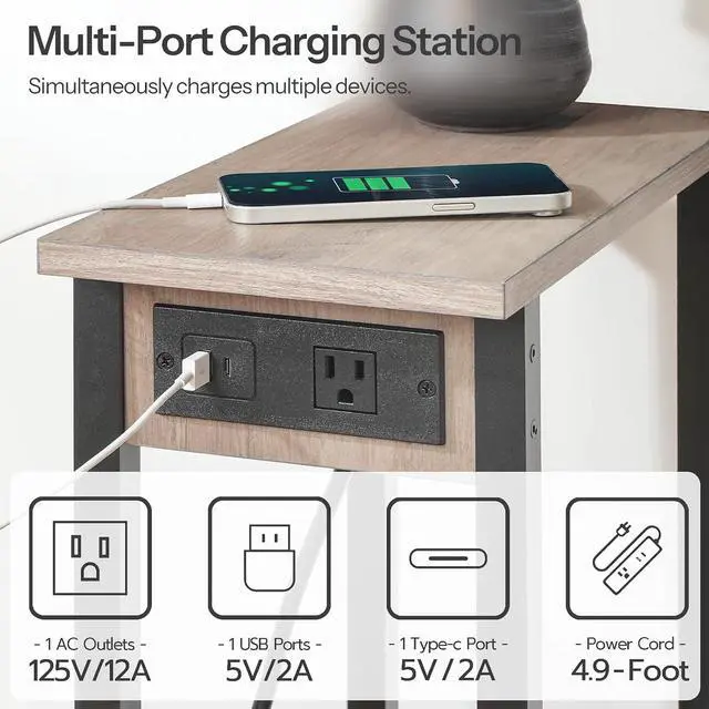 Alt view image 6 of 7 - Narrow Side Table, 2-Tier Slim End Table with Charging Station, Skinny Nightstand with Open Storage, for Small Spaces, Living Room, Bedroom, Study, Greige and Black BG240UBZ01