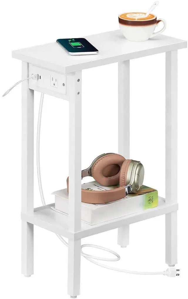 Main image of Narrow Side Table, 2-Tier Slim End Table with Charging Station, Skinny Nightstand with Open Storage, for Small Spaces, Living Room, Bedroom, Study, White WT240UBZ01