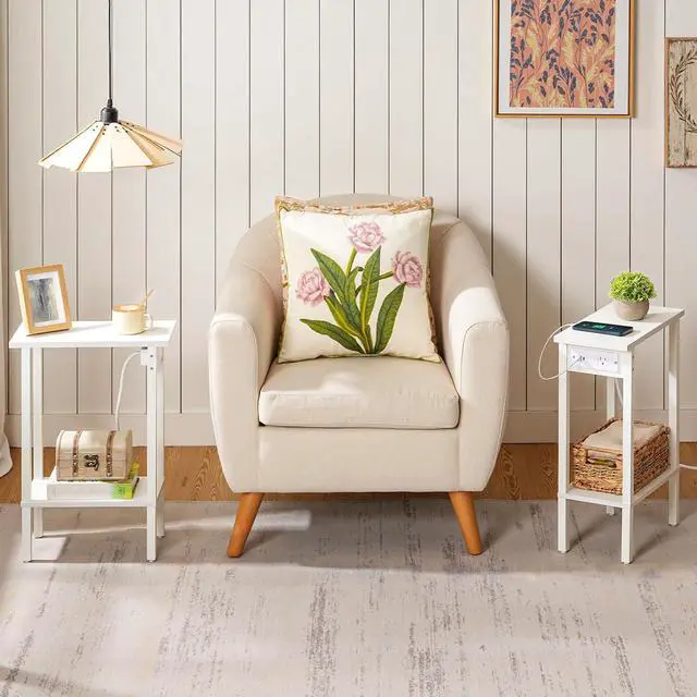 Alt view image 2 of 7 - Narrow Side Table, 2-Tier Slim End Table with Charging Station, Skinny Nightstand with Open Storage, for Small Spaces, Living Room, Bedroom, Study, White WT240UBZ01