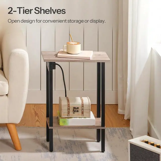 Alt view image 5 of 7 - Narrow Side Table, 2-Tier Slim End Table with Charging Station, Skinny Nightstand with Open Storage, for Small Spaces, Living Room, Bedroom, Study, Greige and Black BG240UBZ01