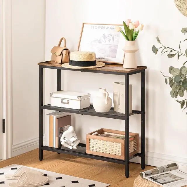 Alt view image 5 of 7 - 29.5" Narrow Console Table, 3-Tier Entryway Table, Thin Sofa Table with Shelves, Side Table, Display Table, for Hallway, Entrance, Living Room, Bedroom, Rustic Brown and Black BF73XG01