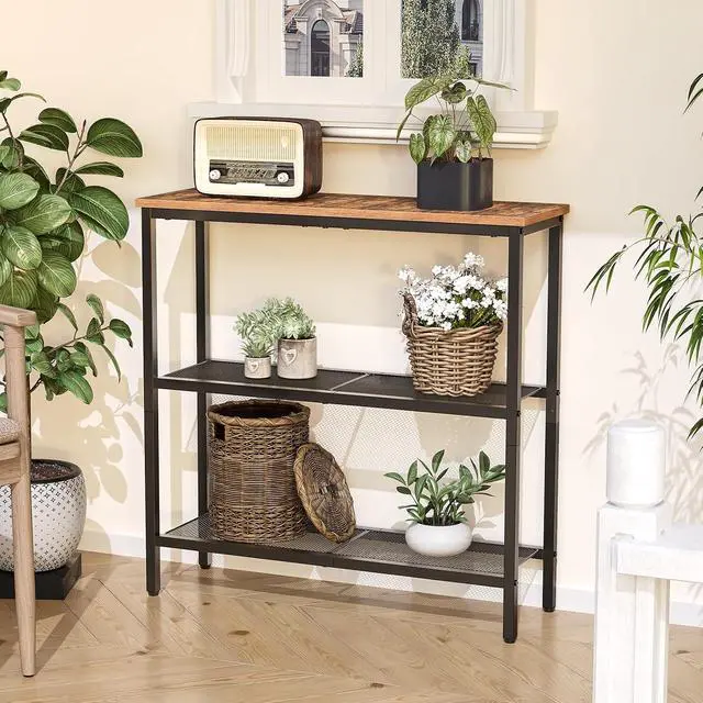 Alt view image 2 of 7 - 29.5" Narrow Console Table, 3-Tier Entryway Table, Thin Sofa Table with Shelves, Side Table, Display Table, for Hallway, Entrance, Living Room, Bedroom, Rustic Brown and Black BF73XG01