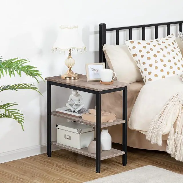 Alt view image 4 of 7 - End Table, Simple Rustic Side Table with 3-Tier Storage Shelf, Narrow Nightstand for Small Spaces, Easy Assembly, for Living Room, Bedroom, Metal, Industrial Design, Greige and Black BG14BZ01