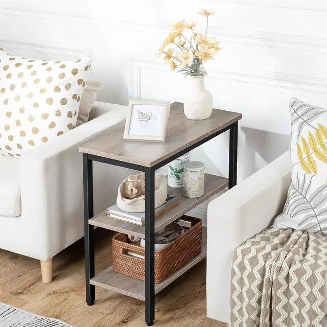 Alt view image 5 of 7 - End Table, Simple Rustic Side Table with 3-Tier Storage Shelf, Narrow Nightstand for Small Spaces, Easy Assembly, for Living Room, Bedroom, Metal, Industrial Design, Greige and Black BG14BZ01