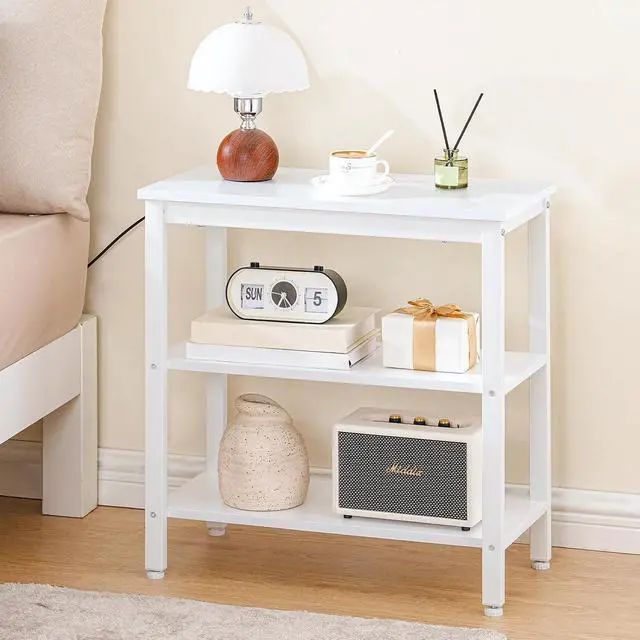 Alt view image 2 of 7 - End Table, Simple Rustic Side Table with 3-Tier Storage Shelf, Narrow Nightstand for Small Spaces, Easy Assembly, for Living Room, Bedroom, Industrial Design, White WT14BZ01