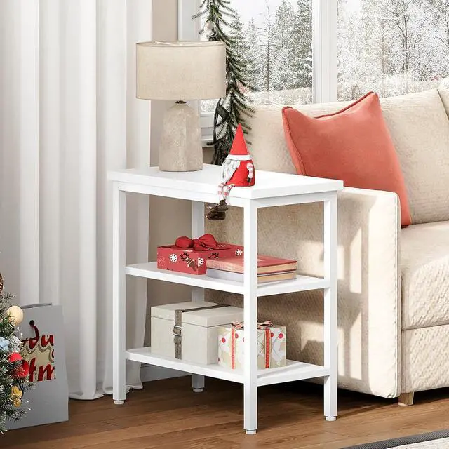 Alt view image 6 of 7 - End Table, Simple Rustic Side Table with 3-Tier Storage Shelf, Narrow Nightstand for Small Spaces, Easy Assembly, for Living Room, Bedroom, Industrial Design, White WT14BZ01