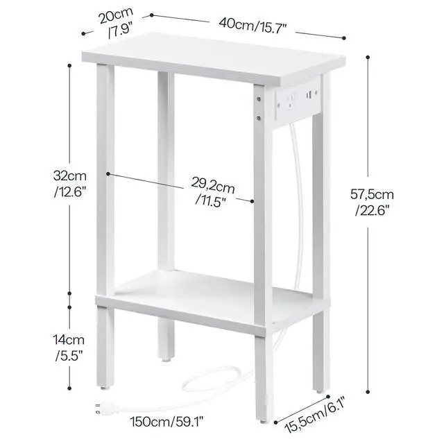 Alt view image 3 of 7 - Narrow Side Table, 2-Tier Slim End Table with Charging Station, Skinny Nightstand with Open Storage, for Small Spaces, Living Room, Bedroom, Study, White WT240UBZ01
