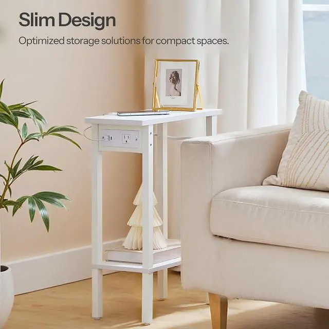 Alt view image 4 of 7 - Narrow Side Table, 2-Tier Slim End Table with Charging Station, Skinny Nightstand with Open Storage, for Small Spaces, Living Room, Bedroom, Study, White WT240UBZ01