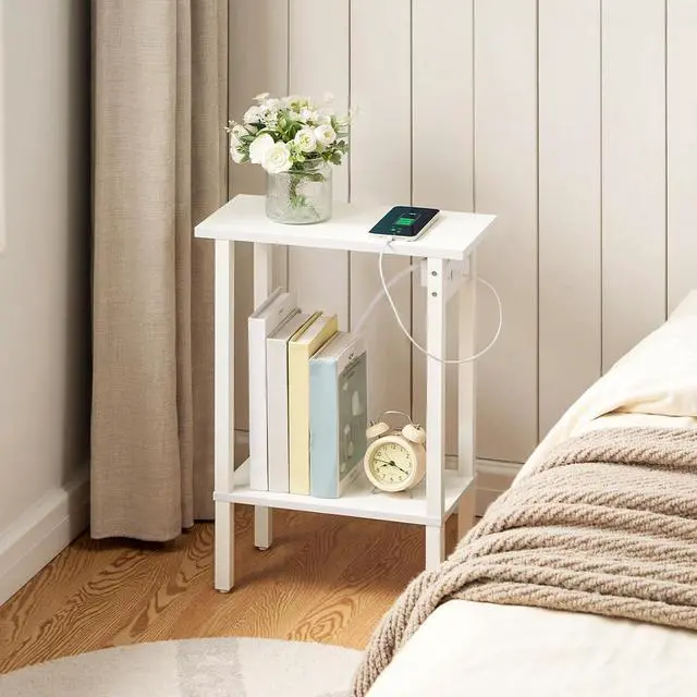Alt view image 5 of 7 - Narrow Side Table, 2-Tier Slim End Table with Charging Station, Skinny Nightstand with Open Storage, for Small Spaces, Living Room, Bedroom, Study, White WT240UBZ01