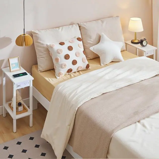Alt view image 6 of 7 - Narrow Side Table, 2-Tier Slim End Table with Charging Station, Skinny Nightstand with Open Storage, for Small Spaces, Living Room, Bedroom, Study, White WT240UBZ01