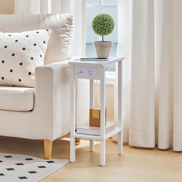 Alt view image 7 of 7 - Narrow Side Table, 2-Tier Slim End Table with Charging Station, Skinny Nightstand with Open Storage, for Small Spaces, Living Room, Bedroom, Study, White WT240UBZ01