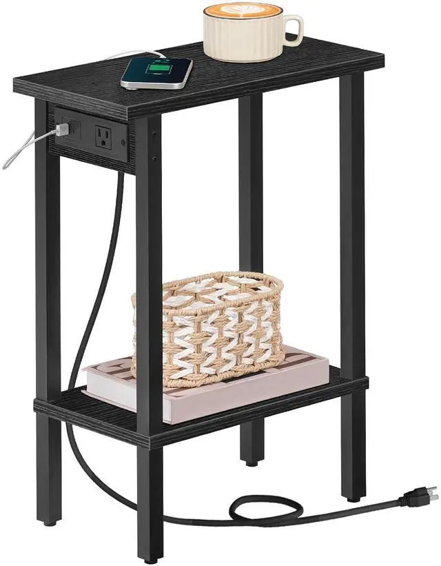 Main image of Small End Table with Charging Station, Narrow Side Table with USB Port and Outlets, Skinny Sofa Table, Slim Nightstand, Living Room, Bedroom, Black BK240UBZ01