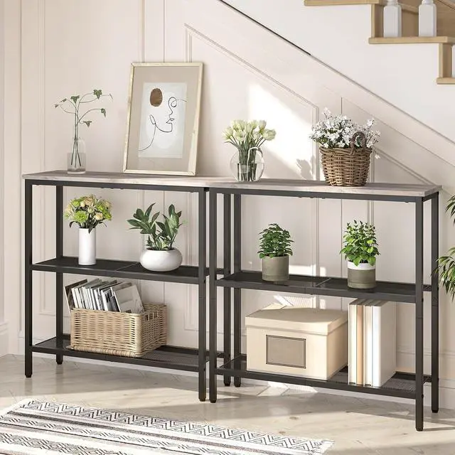 Alt view image 5 of 7 - 29.5" Narrow Console Table, 3-Tier Entryway Table, Thin Sofa Table with Shelves, Side Table, Display Table, for Hallway, Entrance, Living Room, Bedroom, Greige and Black BG73XG01