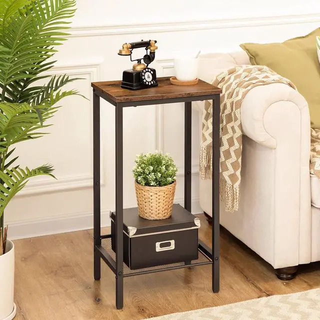 Alt view image 4 of 7 - Tall Side Table, Industrial End Telephone Table with Adjustable Mesh Shelves, Small Tall Nightstand for Living Room, Bedroom, Entryway, Office, Rustic Brown and Black BF03DH01