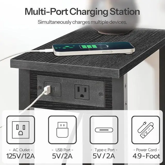 Alt view image 7 of 7 - Small End Table with Charging Station, Narrow Side Table with USB Port and Outlets, Skinny Sofa Table, Slim Nightstand, Living Room, Bedroom, Black BK240UBZ01