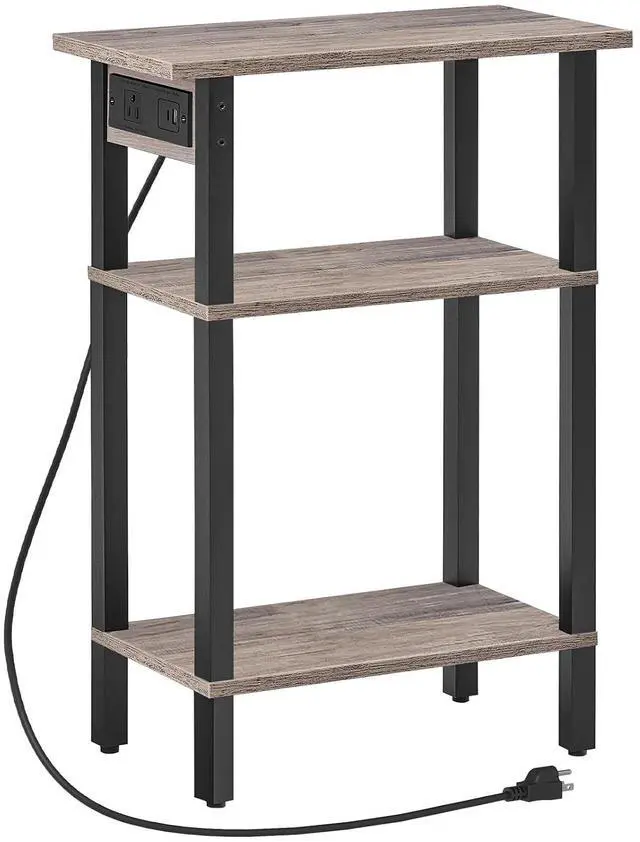 Main image of Narrow Side Table, 3-Tier Slim End Table with Charging Station, Skinny Nightstand with Open Storage, for Small Spaces, Living Room, Bedroom, Study, Rustic Brown and Black BG340UBZ01