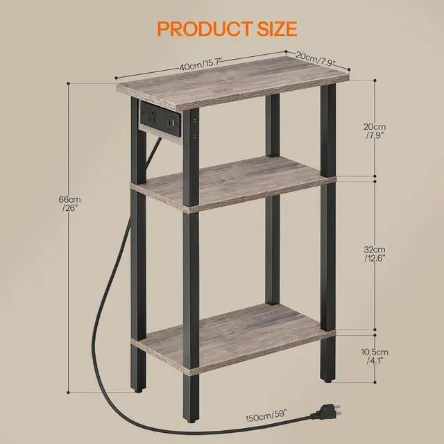 Alt view image 3 of 7 - Narrow Side Table, 3-Tier Slim End Table with Charging Station, Skinny Nightstand with Open Storage, for Small Spaces, Living Room, Bedroom, Study, Rustic Brown and Black BG340UBZ01