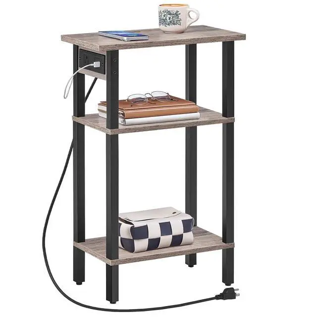 Alt view image 4 of 7 - Narrow Side Table, 3-Tier Slim End Table with Charging Station, Skinny Nightstand with Open Storage, for Small Spaces, Living Room, Bedroom, Study, Rustic Brown and Black BG340UBZ01