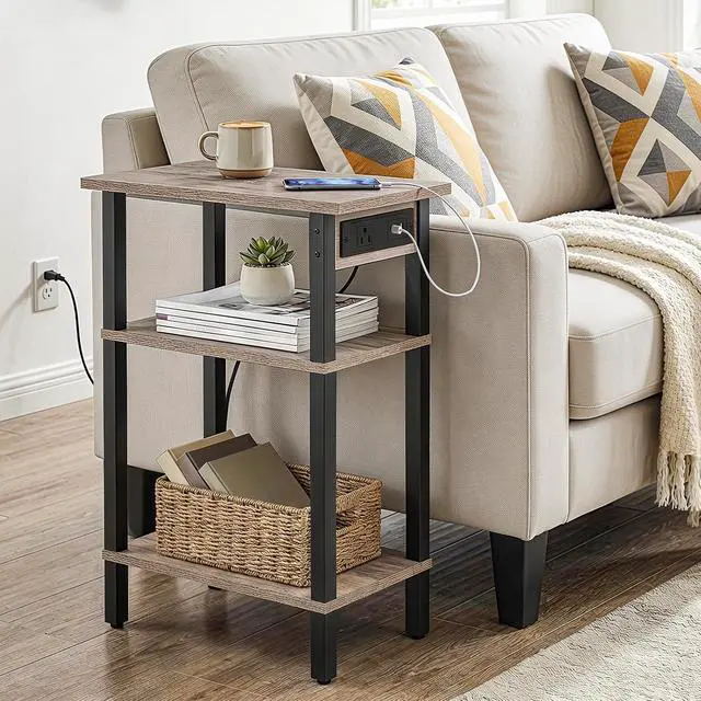 Alt view image 5 of 7 - Narrow Side Table, 3-Tier Slim End Table with Charging Station, Skinny Nightstand with Open Storage, for Small Spaces, Living Room, Bedroom, Study, Rustic Brown and Black BG340UBZ01
