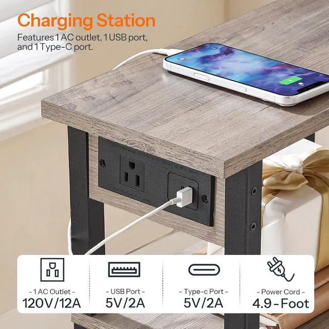 Alt view image 7 of 7 - Narrow Side Table, 3-Tier Slim End Table with Charging Station, Skinny Nightstand with Open Storage, for Small Spaces, Living Room, Bedroom, Study, Rustic Brown and Black BG340UBZ01