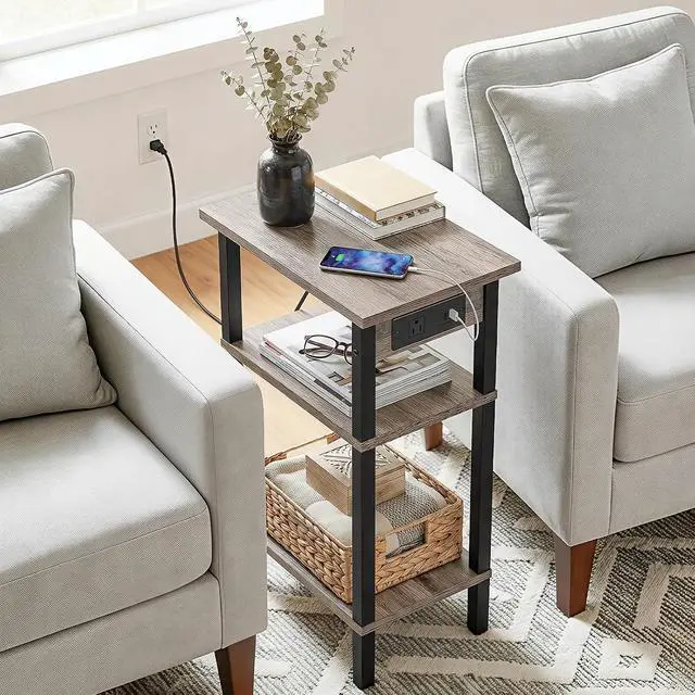 Alt view image 2 of 7 - Narrow Side Table, 3-Tier Slim End Table with Charging Station, Skinny Nightstand with Open Storage, for Small Spaces, Living Room, Bedroom, Study, Rustic Brown and Black BG340UBZ01