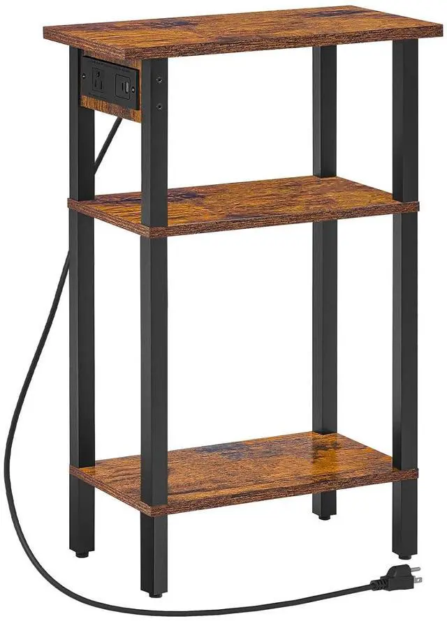 Main image of Narrow Side Table, 3-Tier Slim End Table with Charging Station, Skinny Nightstand with Open Storage, for Small Spaces, Living Room, Bedroom, Study, Rustic Brown and Black BF340UBZ01