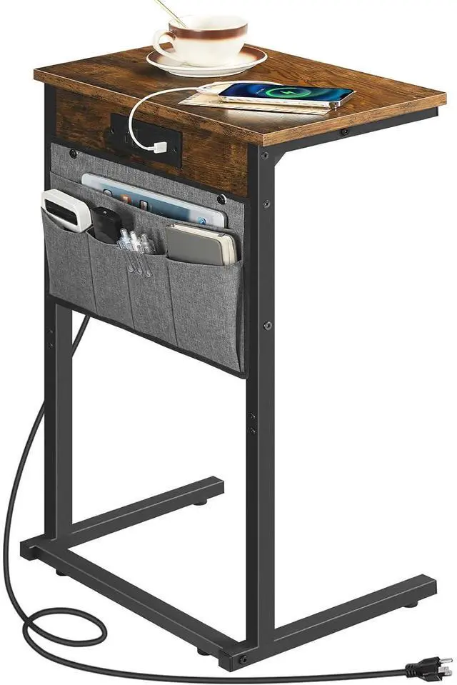 Main image of C Shaped End Table with Charging Station, 28" H Couch Side Table Slide Under, Sofa Arm Tray Table with Storage Bag for Living Room, Recliner, Rustic Brown BF70USF01