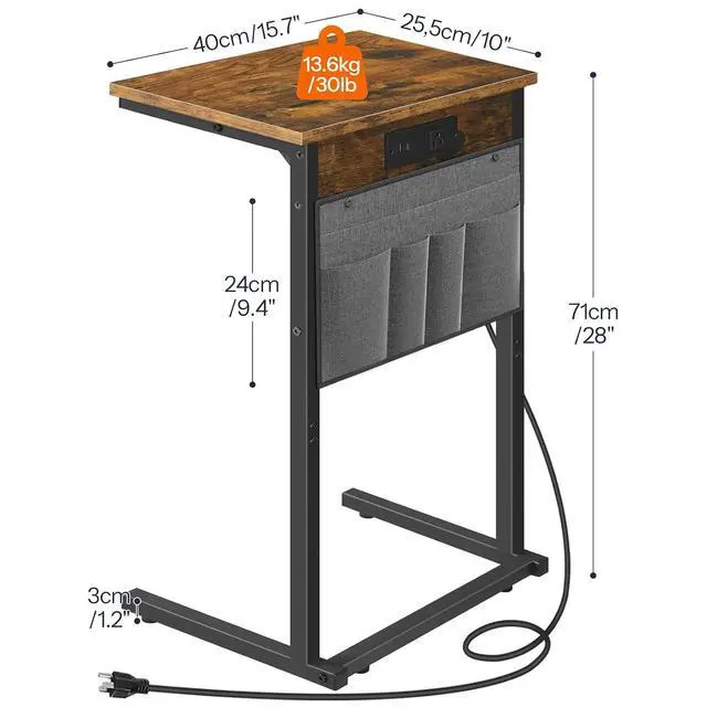 Alt view image 3 of 7 - C Shaped End Table with Charging Station, 28" H Couch Side Table Slide Under, Sofa Arm Tray Table with Storage Bag for Living Room, Recliner, Rustic Brown BF70USF01