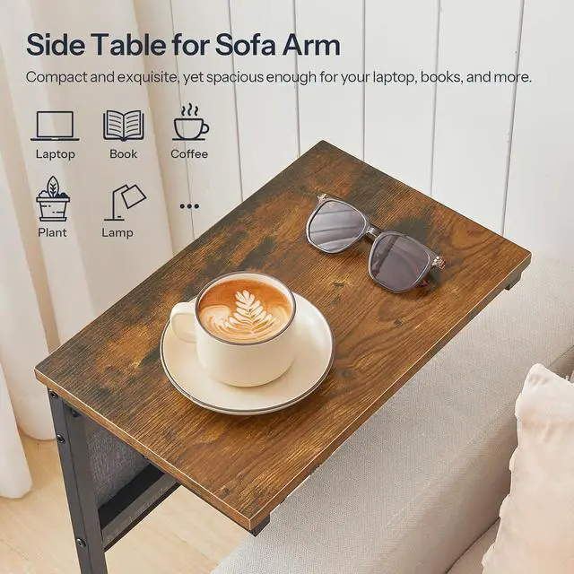 Alt view image 5 of 7 - C Shaped End Table with Charging Station, 28" H Couch Side Table Slide Under, Sofa Arm Tray Table with Storage Bag for Living Room, Recliner, Rustic Brown BF70USF01