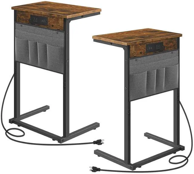 Main image of C Shaped End Tables with Charging Station, Set of 2, 28" H Couch Side Tables Slide Under, Sofa Arm Tray Tables with Storage Bag for Living Room, Recliner, Rustic Brown BF70USFP201