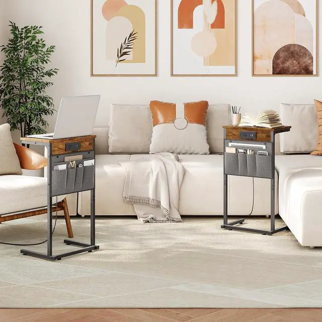 Alt view image 2 of 7 - C Shaped End Table with Charging Station, 28" H Couch Side Table Slide Under, Sofa Arm Tray Table with Storage Bag for Living Room, Recliner, Rustic Brown BF70USF01
