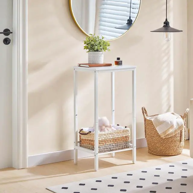 Alt view image 5 of 7 - Tall Side Table, Industrial End Telephone Table with Adjustable Mesh Shelves, Small Tall Nightstand for Living Room, Bedroom, Entryway, Office, White WW03DH01