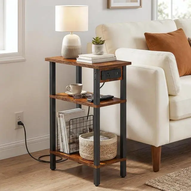 Alt view image 2 of 7 - Narrow Side Table, 3-Tier Slim End Table with Charging Station, Skinny Nightstand with Open Storage, for Small Spaces, Living Room, Bedroom, Study, Rustic Brown and Black BF340UBZ01