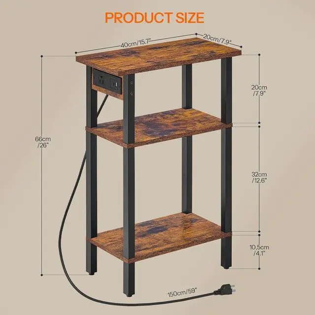 Alt view image 3 of 7 - Narrow Side Table, 3-Tier Slim End Table with Charging Station, Skinny Nightstand with Open Storage, for Small Spaces, Living Room, Bedroom, Study, Rustic Brown and Black BF340UBZ01
