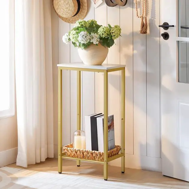 Alt view image 4 of 7 - Tall Side Table, Industrial End Telephone Table with Adjustable Mesh Shelves, Small Tall Nightstand for Living Room, Bedroom, Entryway, Office, White and Gold DW03DH01