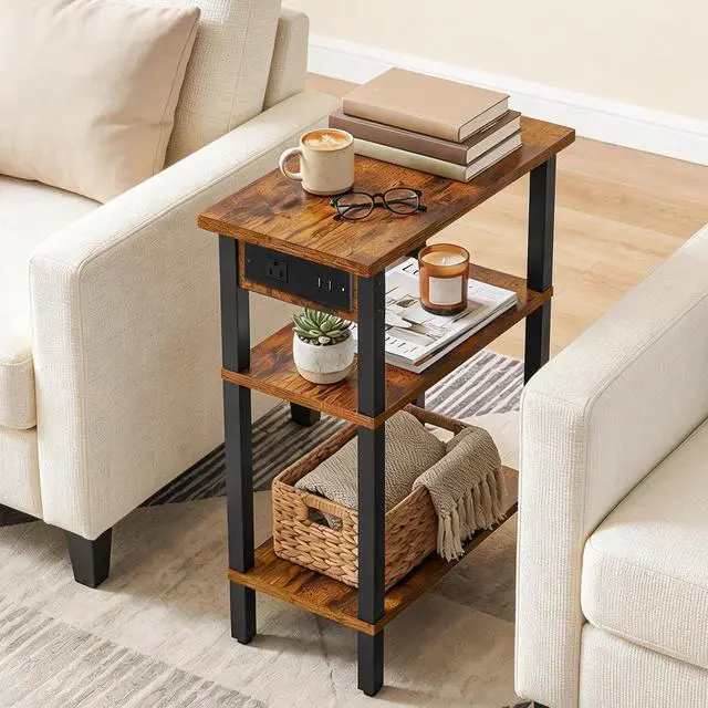 Alt view image 5 of 7 - Narrow Side Table, 3-Tier Slim End Table with Charging Station, Skinny Nightstand with Open Storage, for Small Spaces, Living Room, Bedroom, Study, Rustic Brown and Black BF340UBZ01