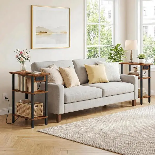 Alt view image 6 of 7 - Narrow Side Table, 3-Tier Slim End Table with Charging Station, Skinny Nightstand with Open Storage, for Small Spaces, Living Room, Bedroom, Study, Rustic Brown and Black BF340UBZ01