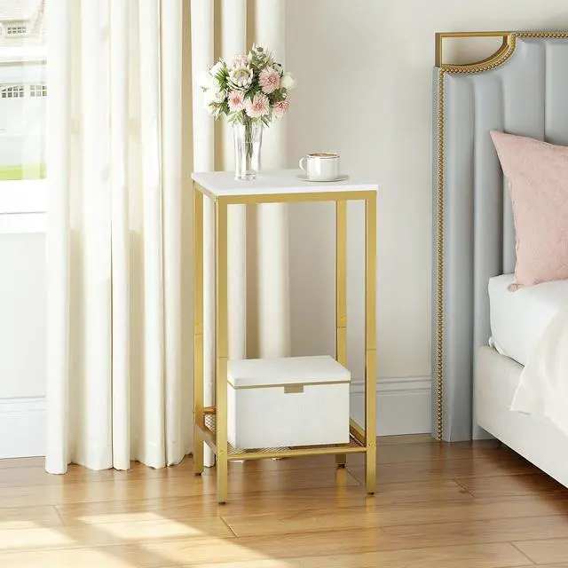 Alt view image 5 of 7 - Tall Side Table, Industrial End Telephone Table with Adjustable Mesh Shelves, Small Tall Nightstand for Living Room, Bedroom, Entryway, Office, White and Gold DW03DH01