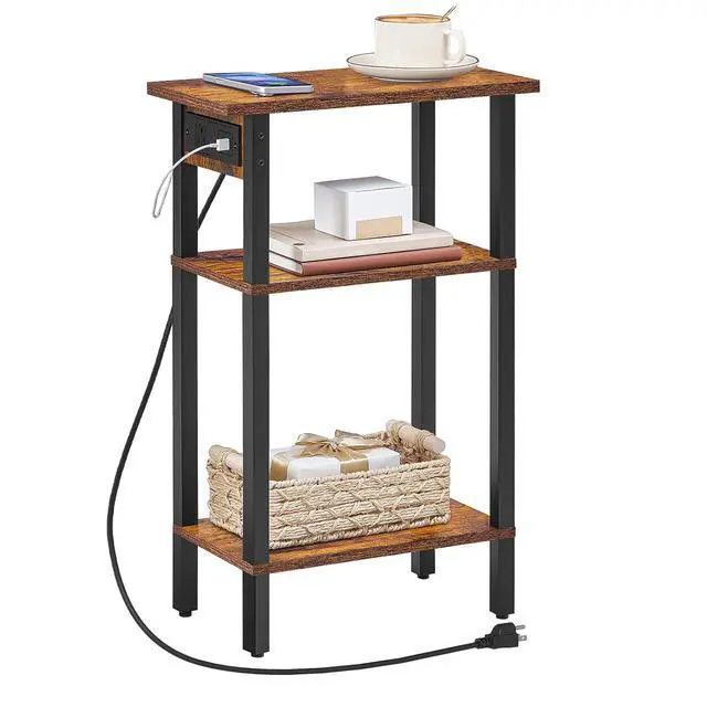 Alt view image 4 of 7 - Narrow Side Table, 3-Tier Slim End Table with Charging Station, Skinny Nightstand with Open Storage, for Small Spaces, Living Room, Bedroom, Study, Rustic Brown and Black BF340UBZ01