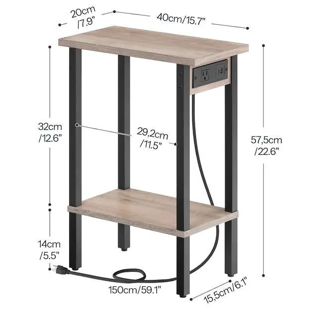Alt view image 3 of 7 - Narrow Side Tables, Set of 2, 2-Tier Slim End Tables with Charging Station, Skinny Nightstands with Open Storage, for Small Spaces, Living Room, Bedroom, Study,Greige and Black BG240UBZP201