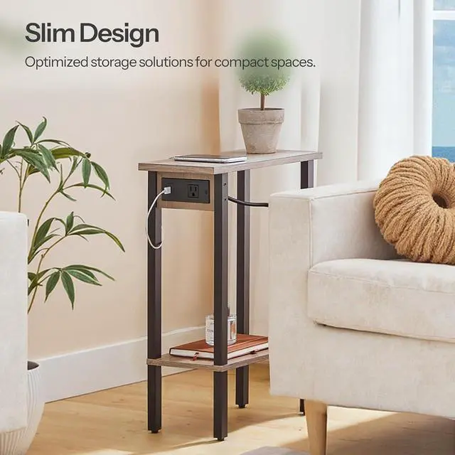 Alt view image 4 of 7 - Narrow Side Tables, Set of 2, 2-Tier Slim End Tables with Charging Station, Skinny Nightstands with Open Storage, for Small Spaces, Living Room, Bedroom, Study,Greige and Black BG240UBZP201