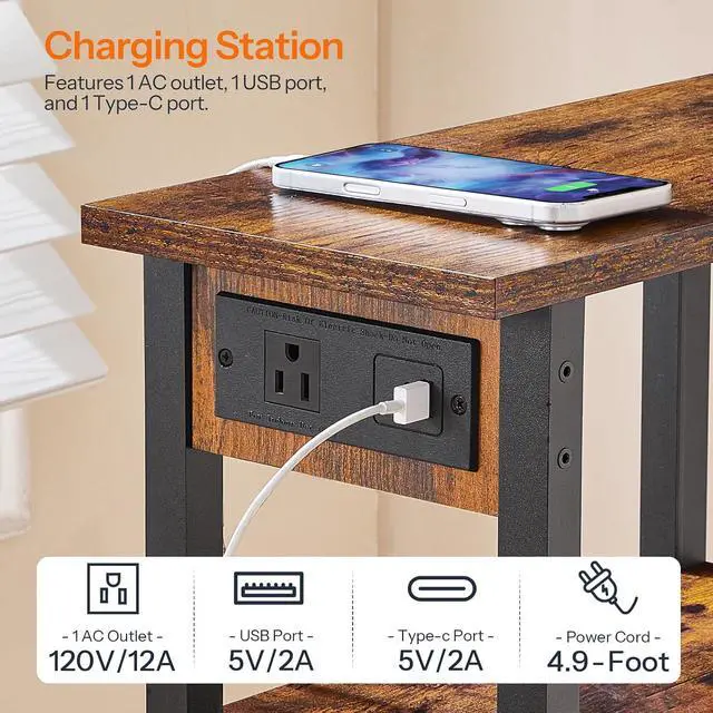 Alt view image 7 of 7 - Narrow Side Table, 3-Tier Slim End Table with Charging Station, Skinny Nightstand with Open Storage, for Small Spaces, Living Room, Bedroom, Study, Rustic Brown and Black BF340UBZ01