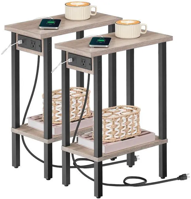 Main image of Narrow Side Tables, Set of 2, 2-Tier Slim End Tables with Charging Station, Skinny Nightstands with Open Storage, for Small Spaces, Living Room, Bedroom, Study,Greige and Black BG240UBZP201
